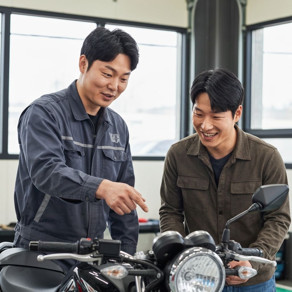 정비사가 고객에게 수리 결과를 설명하는 모습